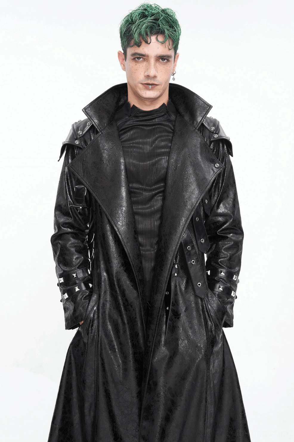 Alternative angle of men's gothic buckle coat showing buckle placement, stand collar construction, and cracked faux leather pattern