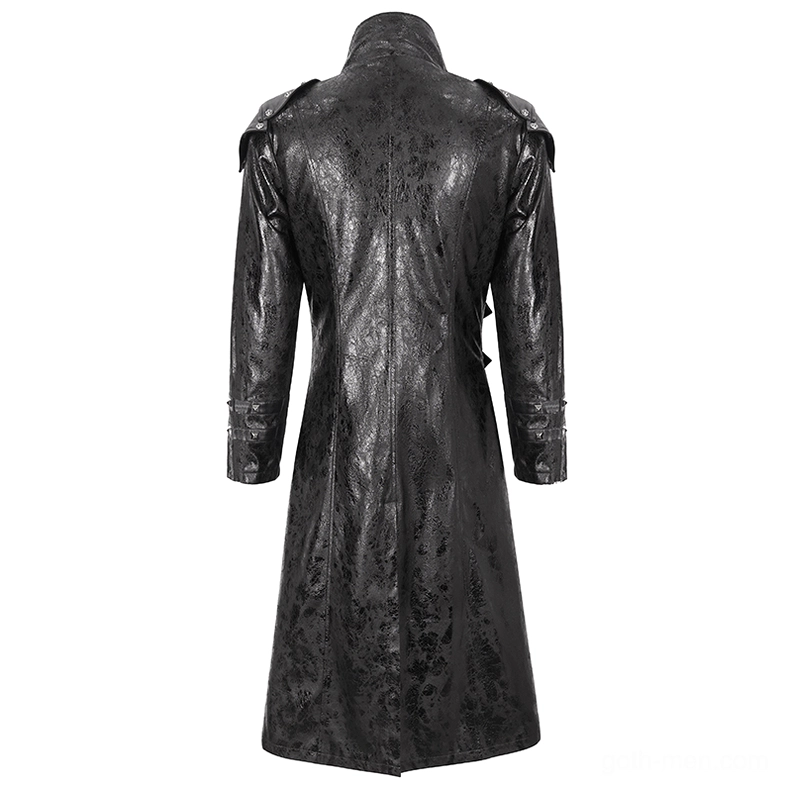 Rear view of gothic faux leather long coat with cracked leather texture, shoulder pad construction, and long length silhouette