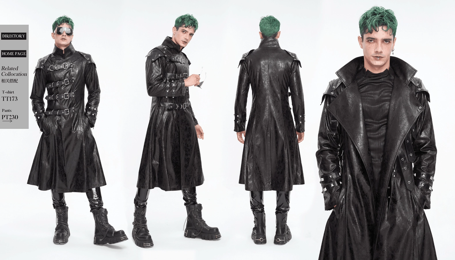 Detail view of men's gothic faux leather coat back showing cracked leather texture pattern, shoulder construction, and structural seams