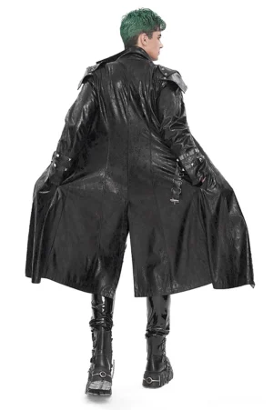 Rear view of men's gothic faux leather long coat showing split back design, textured cracked leather surface, and shoulder construction details