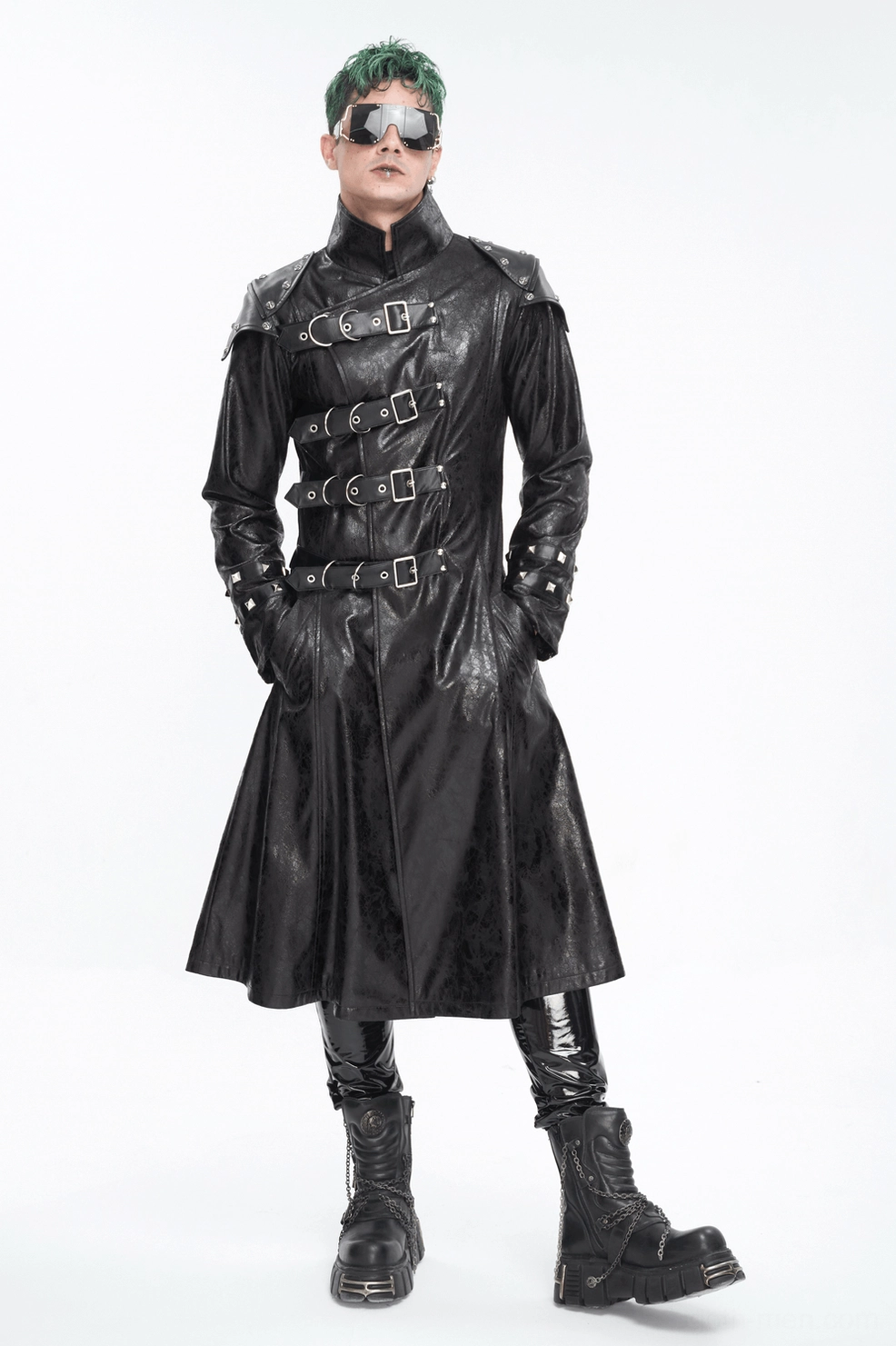 Men's gothic multi-buckle faux leather coat displaying fitted cut through torso with horizontal buckle straps and metallic hardware