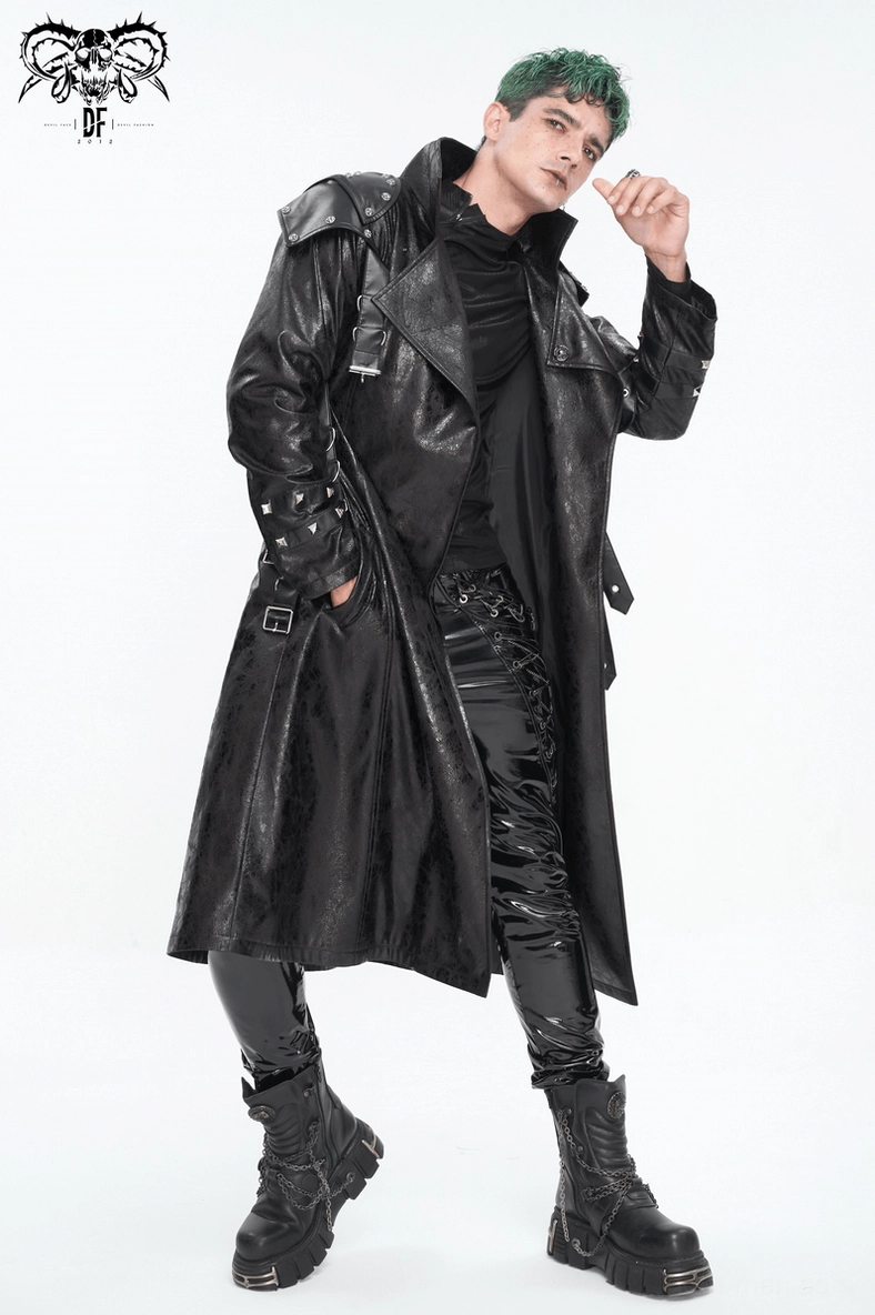 Front detail of gothic buckle coat showing stand collar, bucket straps, and embossed cracked leather aesthetic