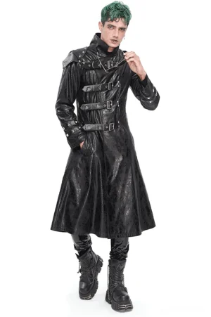 Men's gothic multi-buckle stand collar faux leather coat front view on model with green hair, black cracked leather with round metal buckles and structured silhouette
