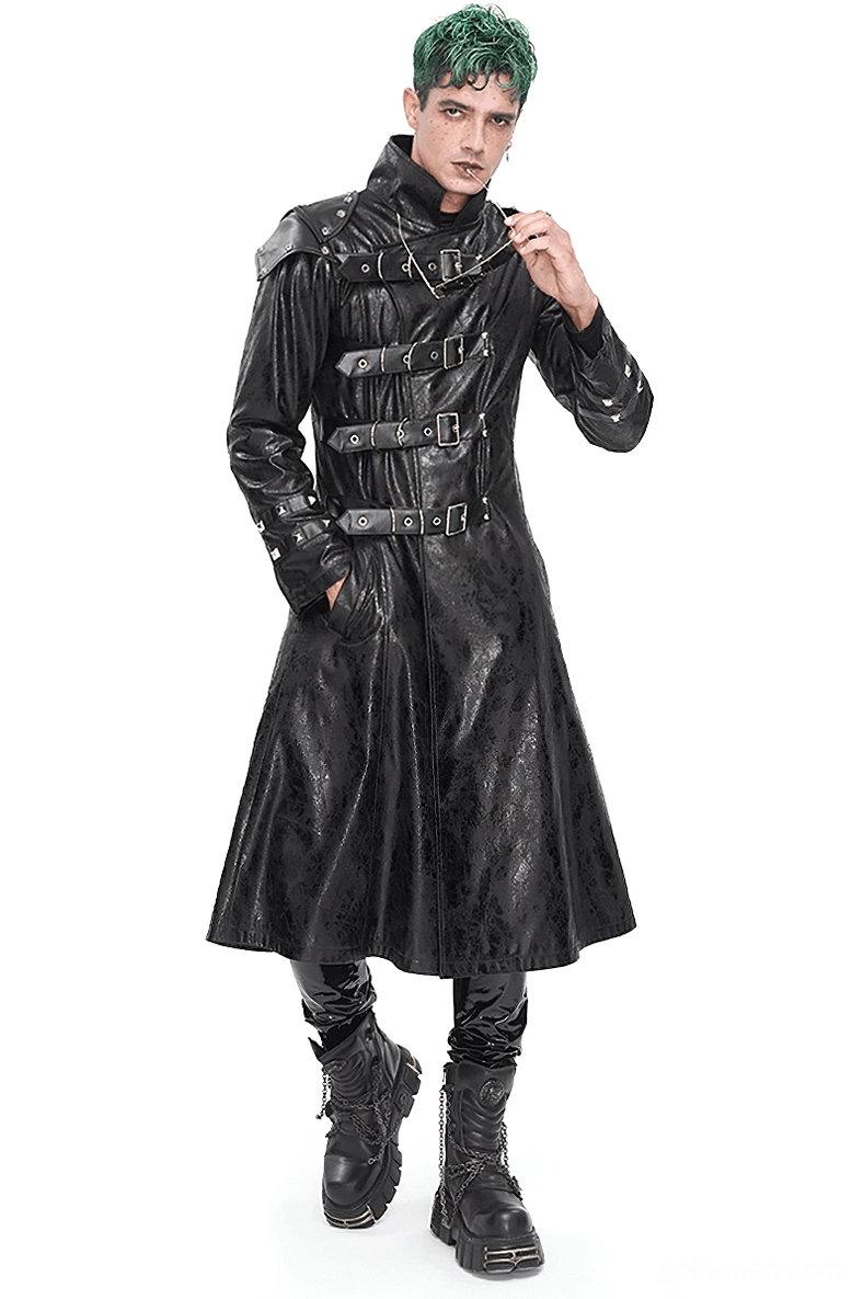 Men's gothic multi-buckle stand collar faux leather coat front view on model with green hair, black cracked leather with round metal buckles and structured silhouette