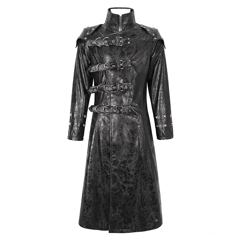 Men's gothic multi-buckle stand collar faux leather coat front view displaying horizontal buckle straps, embossed cracked leather texture, and stand collar