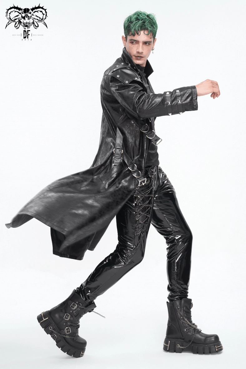 Gothic men's buckle coat displaying full length silhouette with structured shoulders, metal accents, and alternative fashion aesthetic