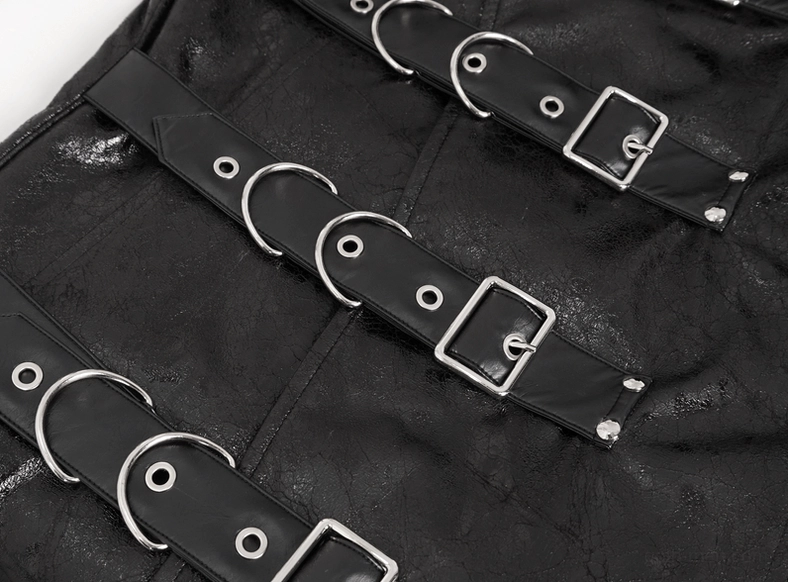 Back view of men's gothic multi-buckle coat displaying structural shoulder construction and overall coat profile