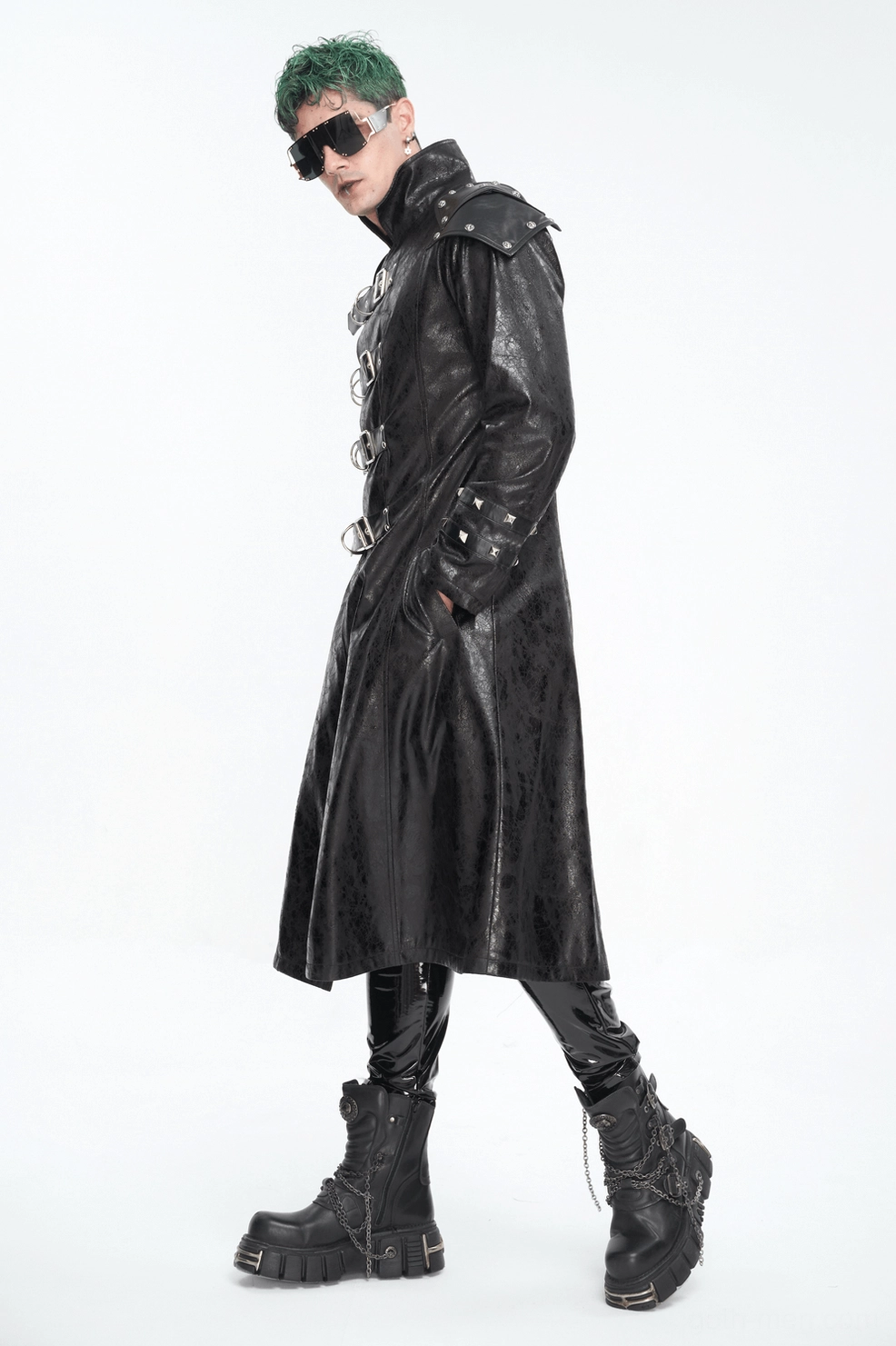 Men's gothic faux leather coat showing side buckle arrangement and textured leather material characteristic of dark alternative fashion
