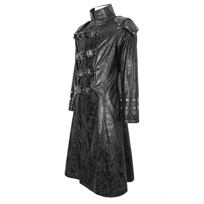 Side profile of gothic faux leather long coat featuring circular shoulder buckles, textured leather surface, and dramatic long silhouette