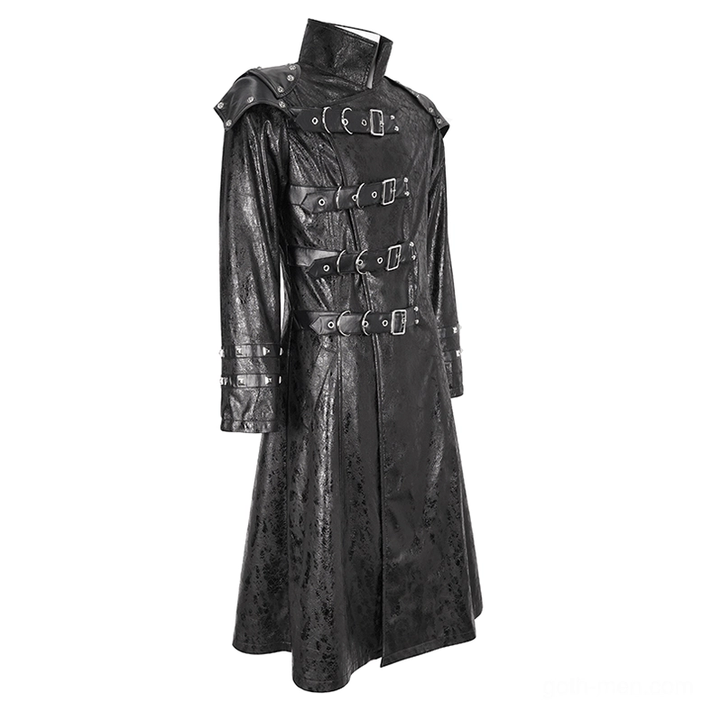 Three-quarter rear view of men's gothic buckle coat showing stand collar, front buckle straps, and structured architecture