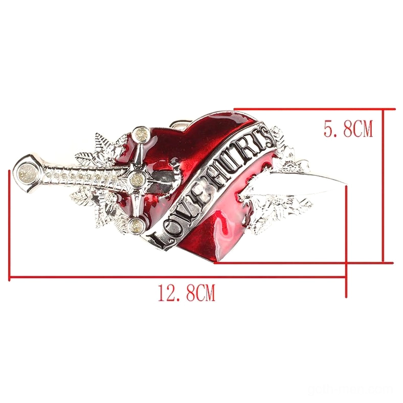 Gothic belt buckle size reference showing heart and dagger metal buckle dimensions measurements
