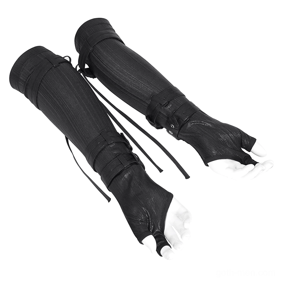 Black arm gauntlets flat lay with woven fabric and wrist tie laces, gothic alternative fashion style