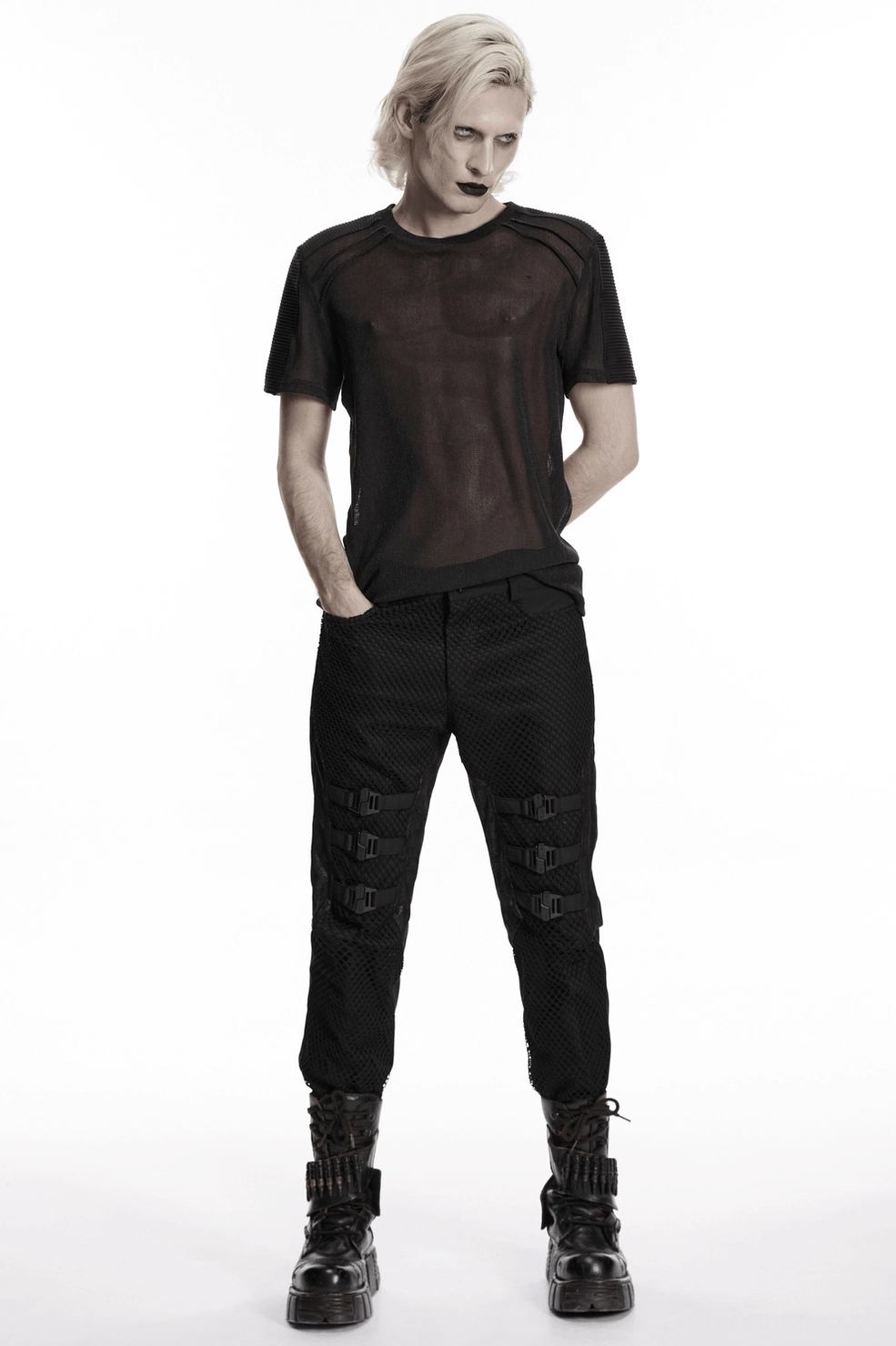 Black gothic buckle pants textured front panels - contemporary dark fashion