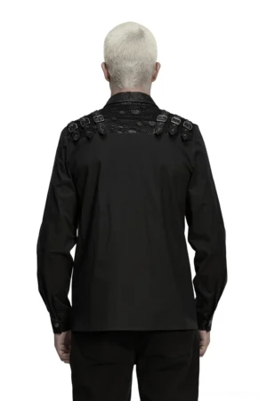 Black gothic shirt rear view showing minimal back design and shoulder hardware - mens goth punk apparel