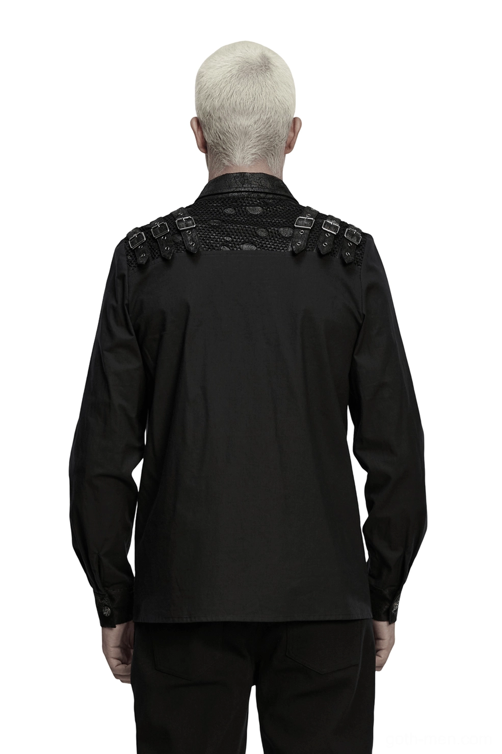 Black gothic shirt rear view showing minimal back design and shoulder hardware - mens goth punk apparel