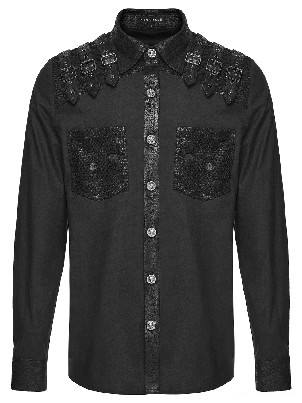 Black gothic men's shirt flat lay rear view showing solid back construction and shoulder buckle details