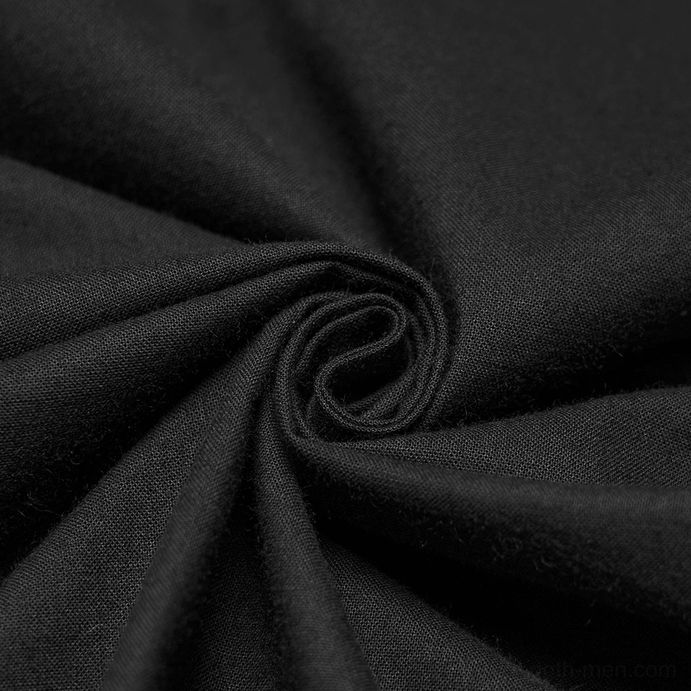 Black gothic shirt construction detail showing leather buckle accents and mesh panel integration