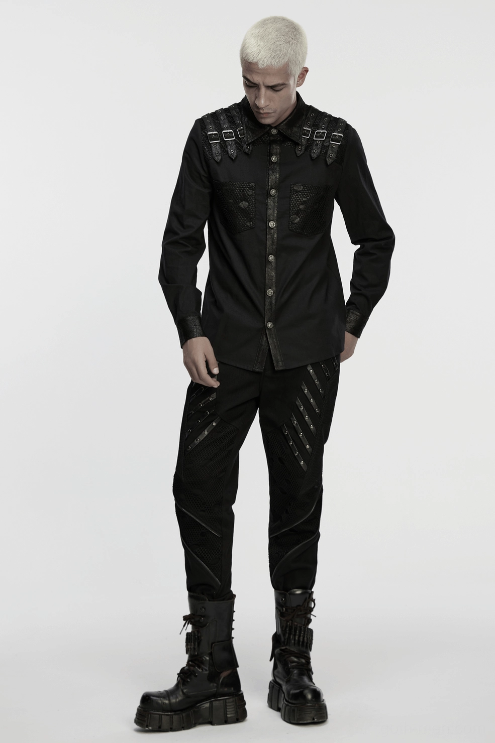 Black gothic men's buckle shoulder shirt product detail shot - industrial goth aesthetic