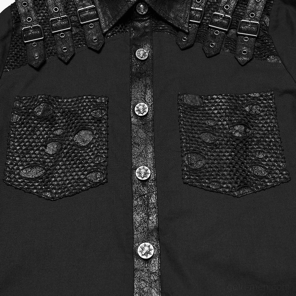 Close-up of skull metal buttons and textured mesh pockets on black gothic shirt - mens goth punk details