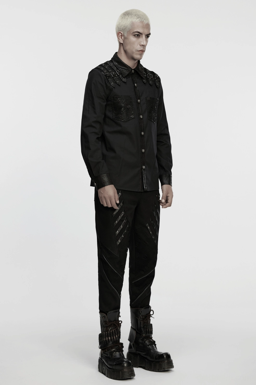 Black gothic buckle shoulder shirt showing fitted torso construction and mesh panel placement - mens alternative fashion