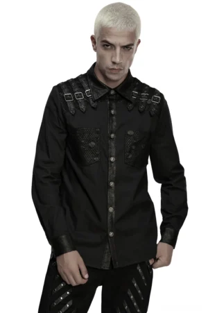 Black gothic buckle shoulder shirt front view with mesh chest panels and star metal buttons on model - mens alternative fashion