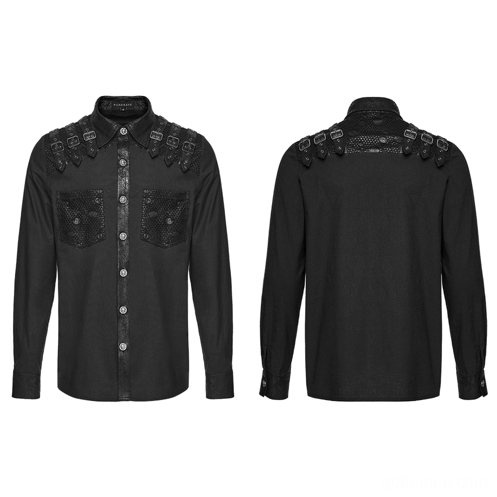 Flat lay black gothic shirt with mesh detail and skull-shaped metal buttons - alternative mens fashion product shot