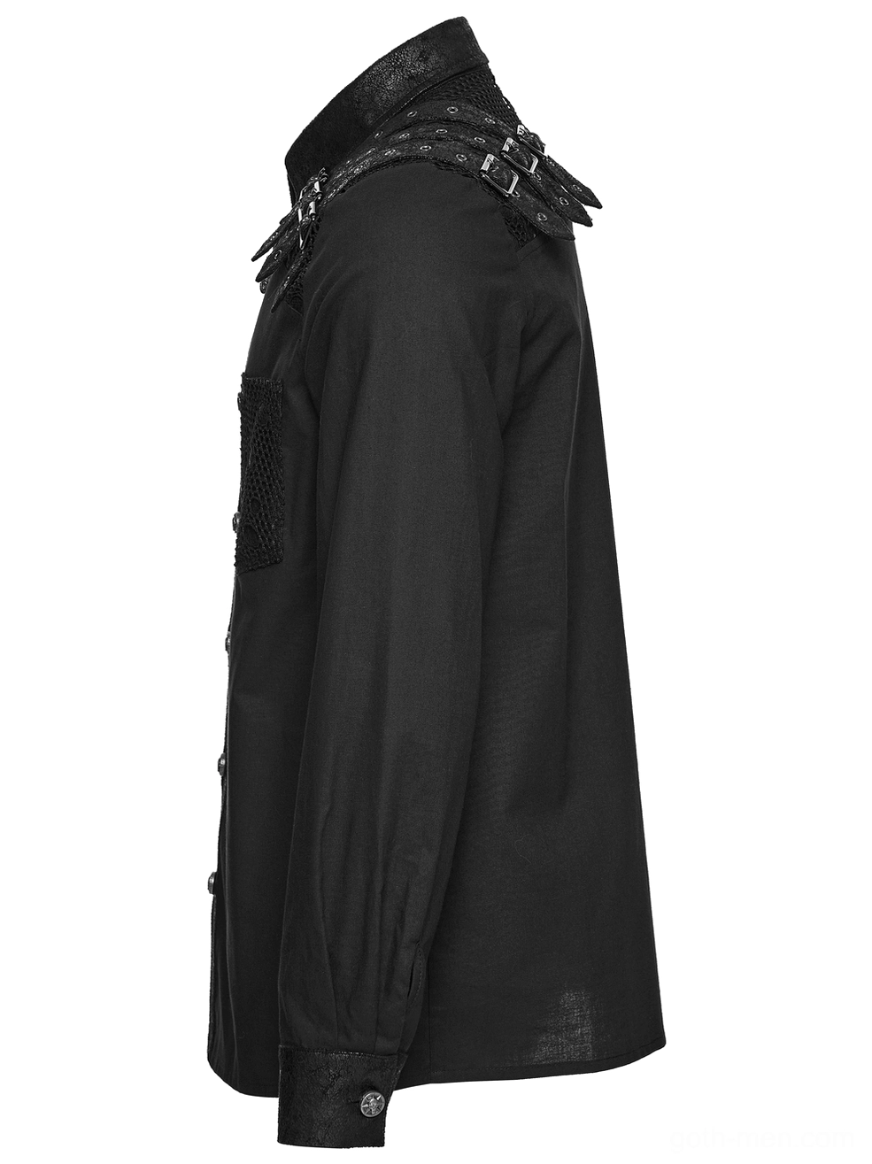 Black gothic buckle shirt side profile showing fitted sleeves and tailored construction on male model