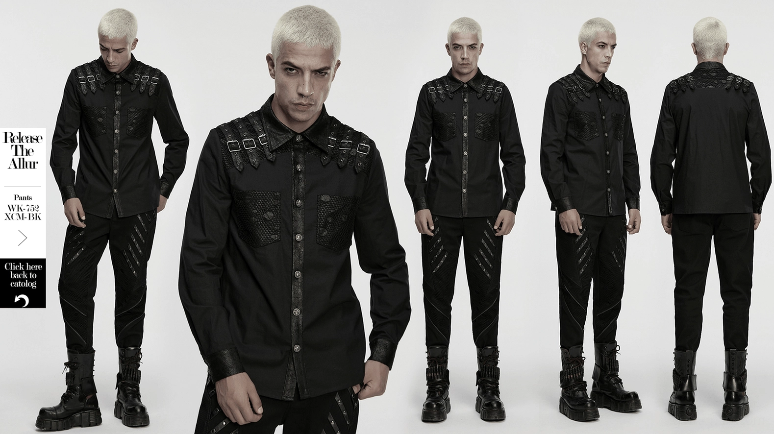 Black gothic buckle shoulder shirt showing overall silhouette and architectural design - mens goth punk wear