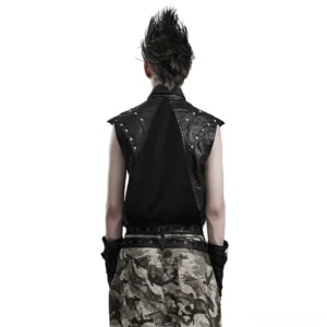 Black gothic mesh tank top with metal rivets and buckles - back view with camo pants styling