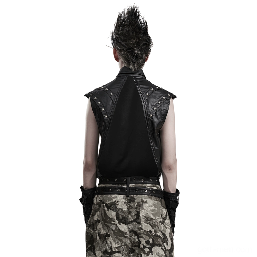 Black gothic mesh tank top with metal rivets and buckles - back view with camo pants styling