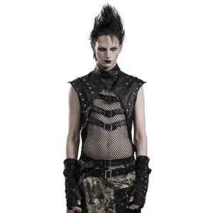 Men's gothic buckle tank top with mesh overlay and rivets - front view on male model