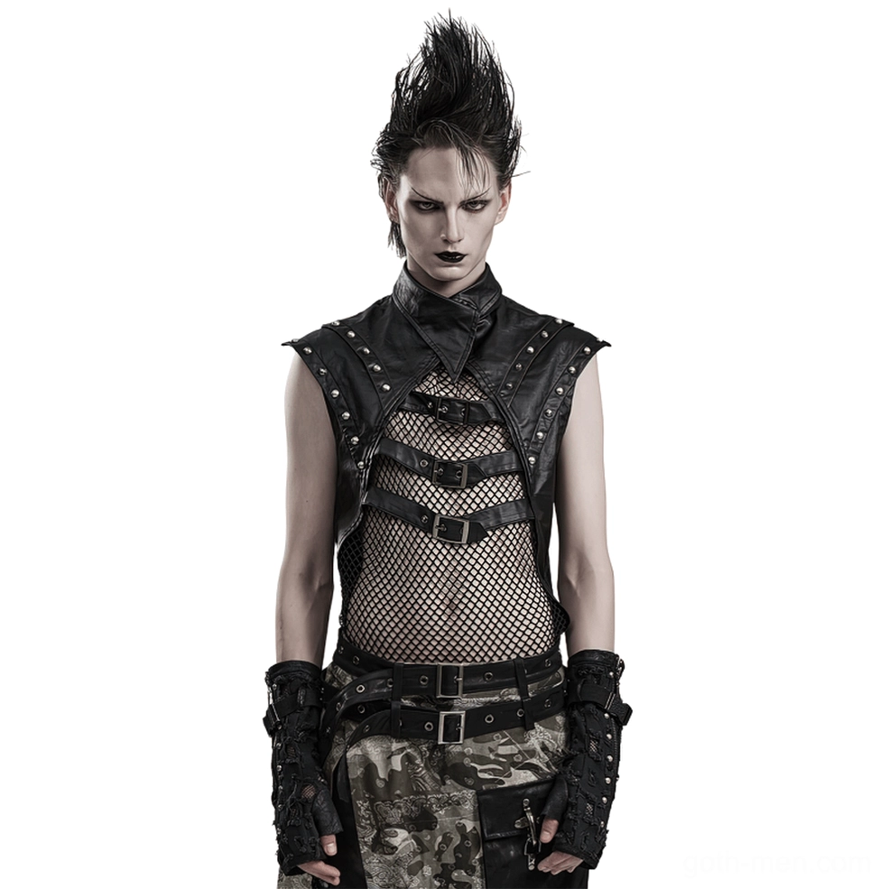 Men's gothic buckle tank top with mesh overlay and rivets - front view on male model