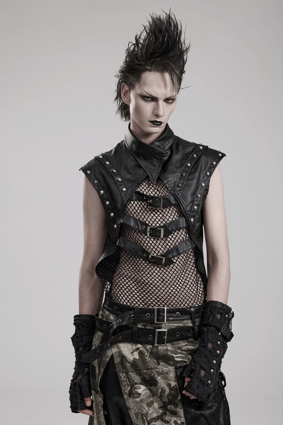 Gothic tank top product photography - mesh overlay with buckle and rivet hardware details