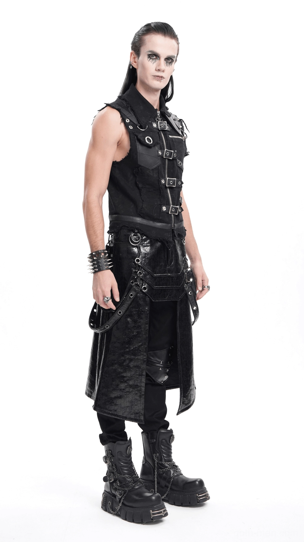Men's black gothic buckle vest detail shot showing construction and hardware