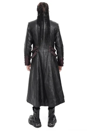 Back view of gothic buckled coat floor-length hem with rear waist buckle straps on male model