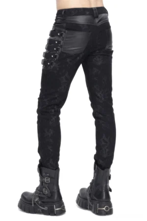 Rear three-quarter view of black gothic slim-fit trousers showing leather hip panels and back buckled strap details