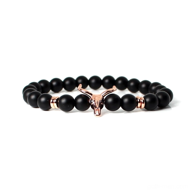 Rose gold bull skull stone bead bracelet for men, gothic jewelry with rose gold metal accent