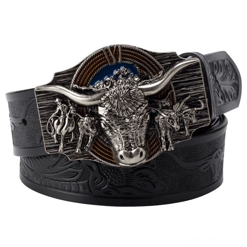 Black embossed gothic leather belt flat lay with vintage bull head buckle