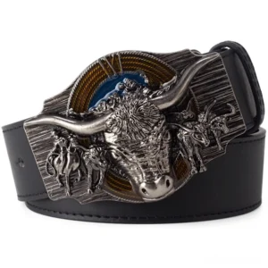 Black gothic bull head leather belt with metal buckle, vintage cowskin design, front studio view