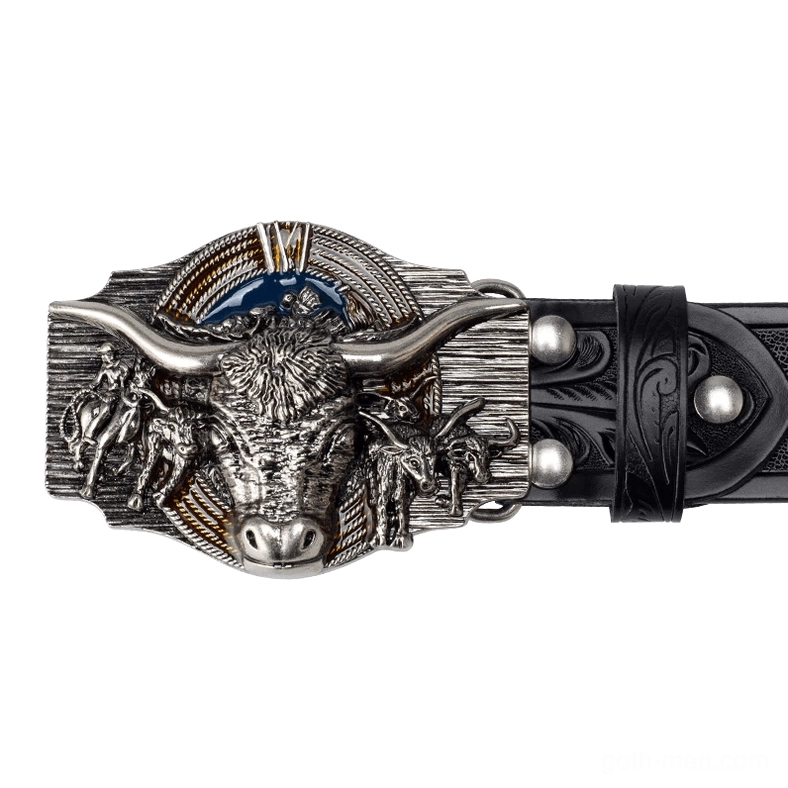 Black embossed leather belt with western-style metal buckle side profile