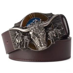 Brown vintage leather belt with sculptural bull head buckle, gothic western style, flat lay studio shot