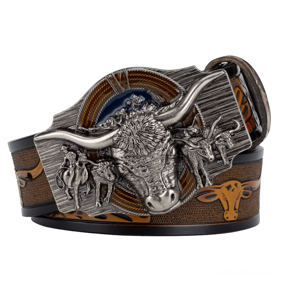Camel brown embossed leather belt with cow head pattern and western buckle