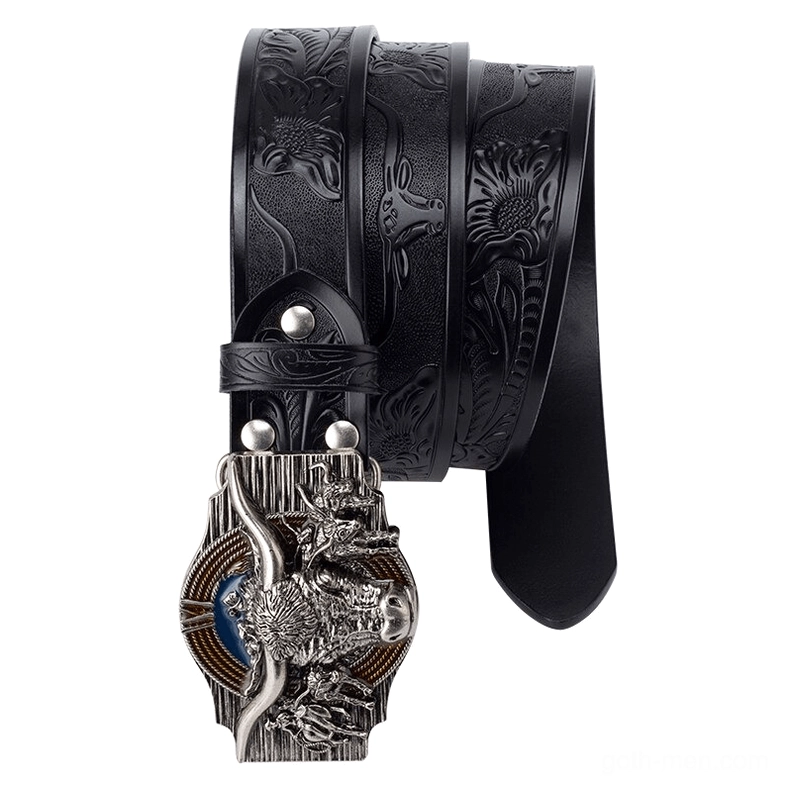 Dark leather embossed belt with 3D bull head buckle artistic product shot