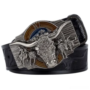 Gothic bull head leather belt front view with embossed strap and silver 3D buckle