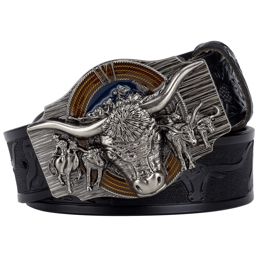 Gothic bull head leather belt front view with embossed strap and silver 3D buckle