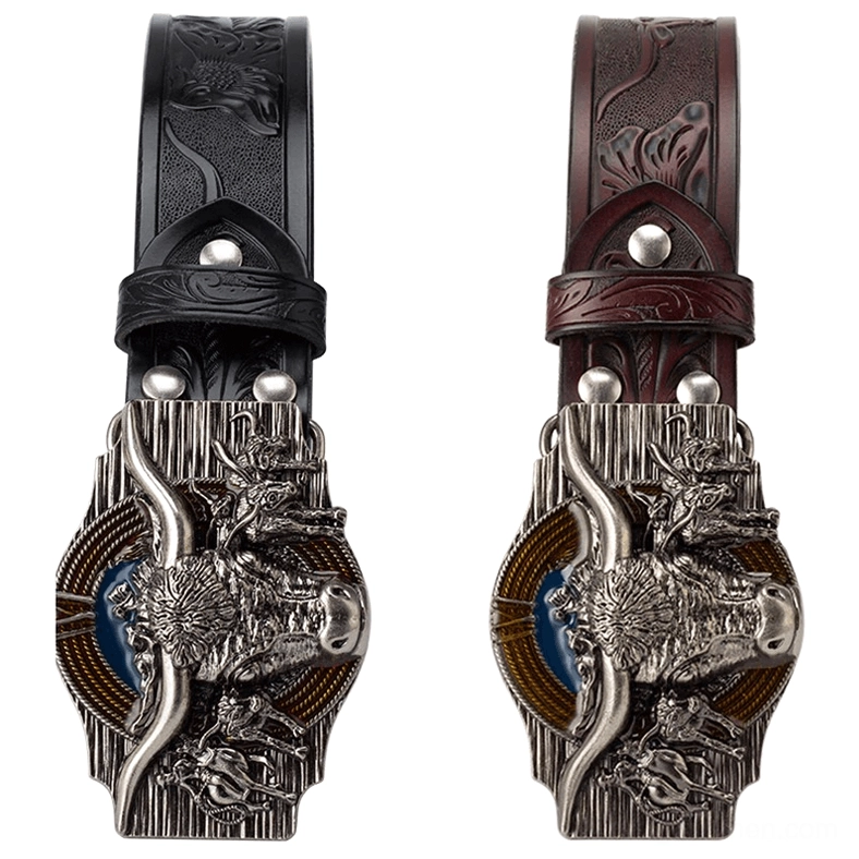 Full length gothic bull head leather belt layout showing strap and buckle proportions