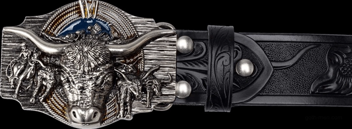 Premium split leather gothic belt with hand-finished silver bull head buckle