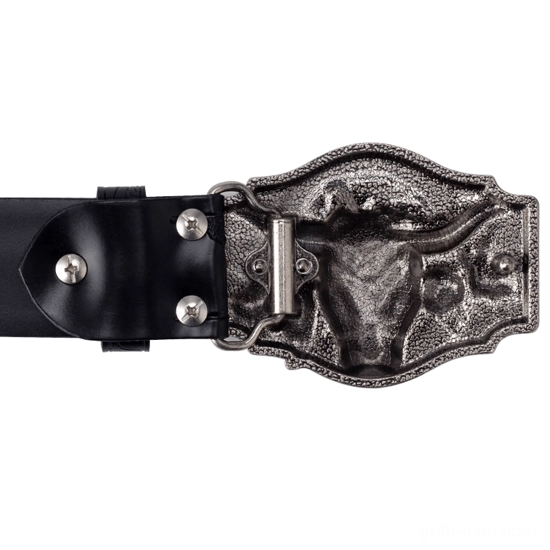 Leather belt rear view showing back side of silver bull head buckle attachment