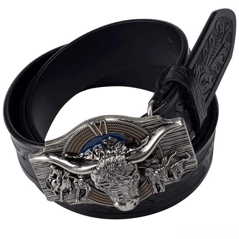 Gothic alternative leather belt styled on neutral background showcasing buckle design