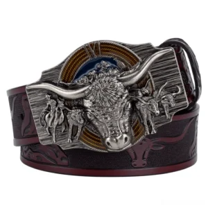 Vintage western bull head belt buckle detail showing dark reddish-brown leather and ornate metal work